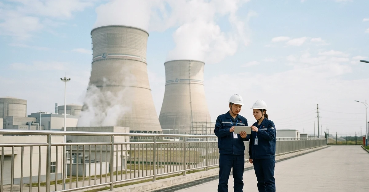 Two industrial workers wearing safety helmets and uniforms stand on a walkway using a tablet in front of large cooling towers at a power or manufacturing plant, with steam rising in the background; scene conveys industrial operations, site inspection, and digital monitoring relevant to regulatory compliance, product registration, and market access across China and Asia-Pacific.