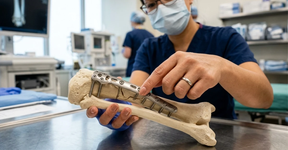 Healthcare professional in a clinical laboratory or surgical setting holds and points to a bone model fitted with an orthopedic fixation plate and screws, illustrating medical device design and implantation for orthopedic treatment. The scene includes sterile instruments and medical equipment in the background, suggesting a regulated healthcare environment relevant to medical device regulatory compliance, product registration, and market access considerations in China and the Asia-Pacific region.