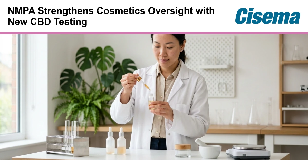 Banner image with headline “NMPA Strengthens Cosmetics Oversight with New CBD Testing” and Cisema logo. A laboratory professional in a white coat uses a dropper to add liquid into a small glass vial in a clean, modern lab setting with test tubes, bottles, and equipment on the bench. The scene conveys cosmetics testing, regulatory compliance, and product safety, relevant to market access and product registration requirements in China and the Asia-Pacific region.