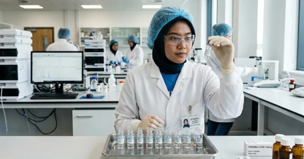 Laboratory scientist wearing a lab coat, protective goggles, gloves, and a blue hair cover carefully examining a small vial of liquid in a modern laboratory. A tray of sample vials sits on the bench in front, while analytical instruments and colleagues working in the background suggest a regulated research or pharmaceutical testing environment. The scene reflects laboratory quality control, product testing, and regulatory compliance processes relevant to product registration and market access in China and the Asia-Pacific region.