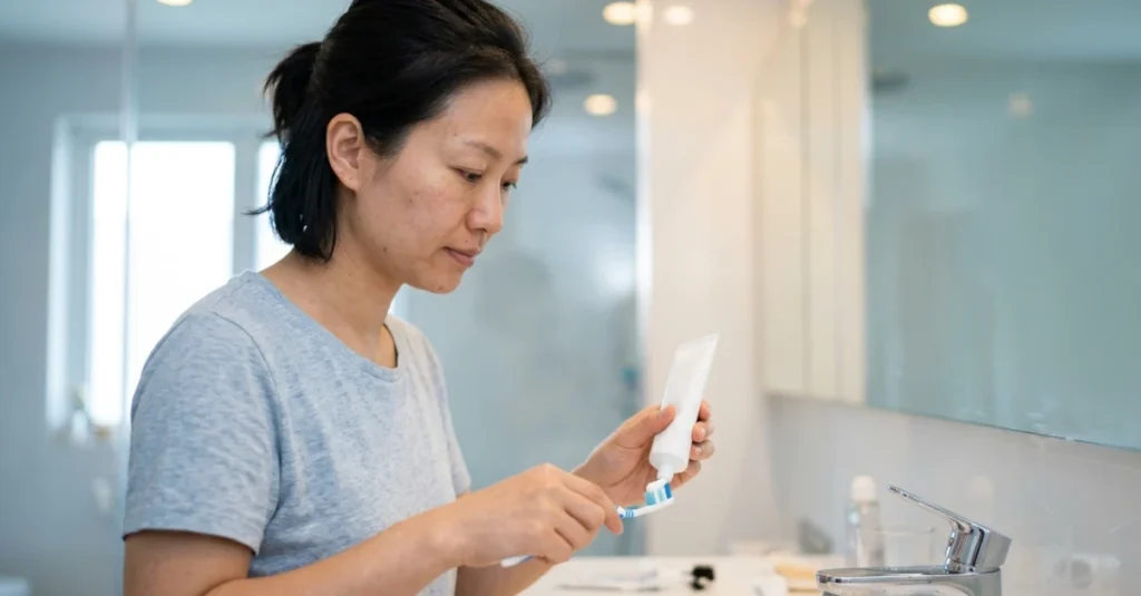Person standing at a bathroom sink examining a cosmetic tube and applying a small amount of cream to a fingertip, suggesting a skincare routine or product check in a clean, modern setting; relevant to consumer product use, safety evaluation, and regulatory compliance considerations for cosmetics in China and Asia-Pacific markets.