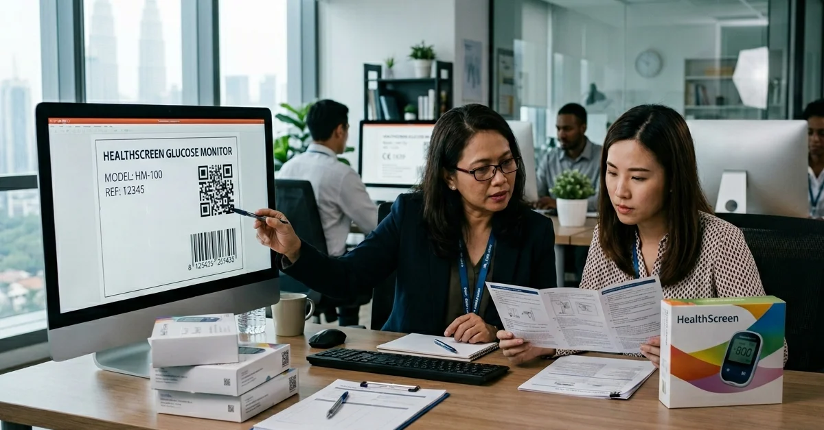 Two professionals in a modern office review documentation for a HealthScreen glucose monitor while examining a computer display showing a product label with model number, barcode, and QR code. One person points to the code on the screen as the other reads the instruction leaflet beside a boxed device package. The scene suggests product labeling verification, documentation review, and regulatory compliance processes relevant to medical device product registration and market access in China and the Asia-Pacific region.