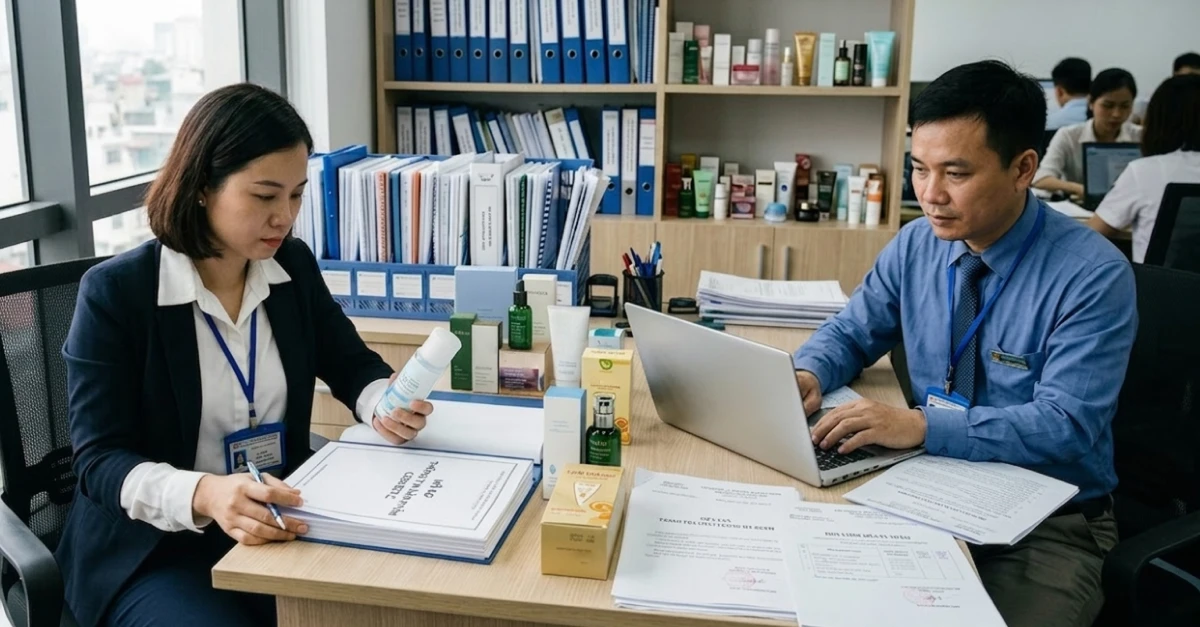 Two office professionals sit at a desk in an office reviewing cosmetic and skincare product packaging alongside printed documents and binders. One person examines a product bottle while the other works on a laptop, suggesting regulatory compliance review, product documentation, and market access preparation for cosmetics entering China and Asia-Pacific markets. Shelves with files and product samples in the background reinforce a regulatory consultancy or product registration environment.