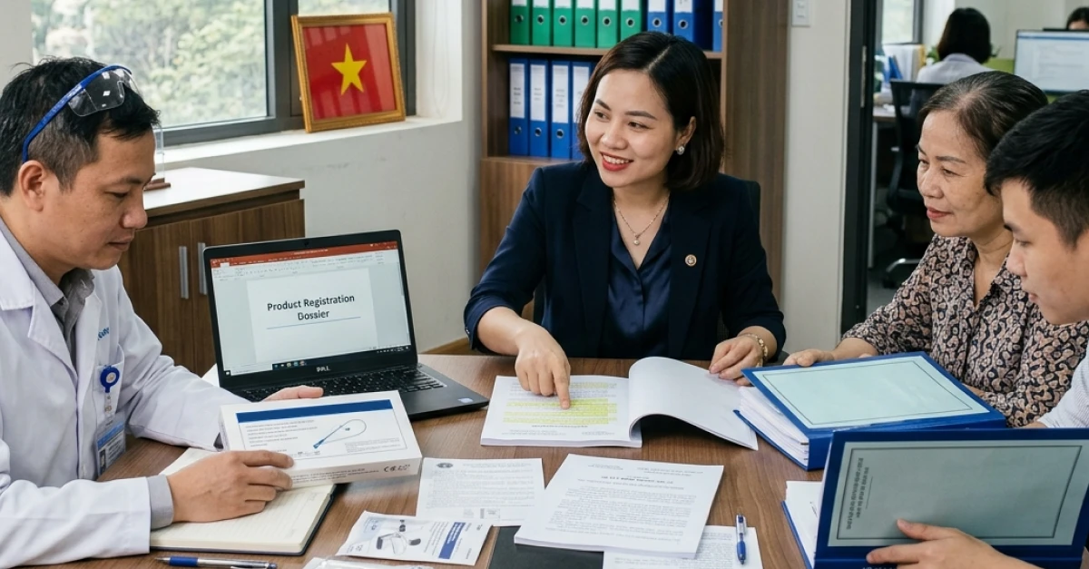 Four professionals sit around a meeting table reviewing printed documents and binders related to product registration and regulatory compliance. A laptop screen displays “Product Registration Dossier,” while one person points to highlighted sections in a document. The group appears to be discussing documentation and approval steps for market access, with files, reports, and a tablet arranged on the table. The office setting includes organized binders and a framed Vietnam flag in the background, suggesting a regulatory consultancy environment supporting product registration and compliance processes for companies entering China and broader Asia-Pacific markets.